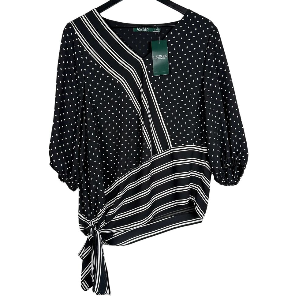 New Lauren Ralph Lauren Black Polka Dot Striped Asymmetrical Blouse Top - M